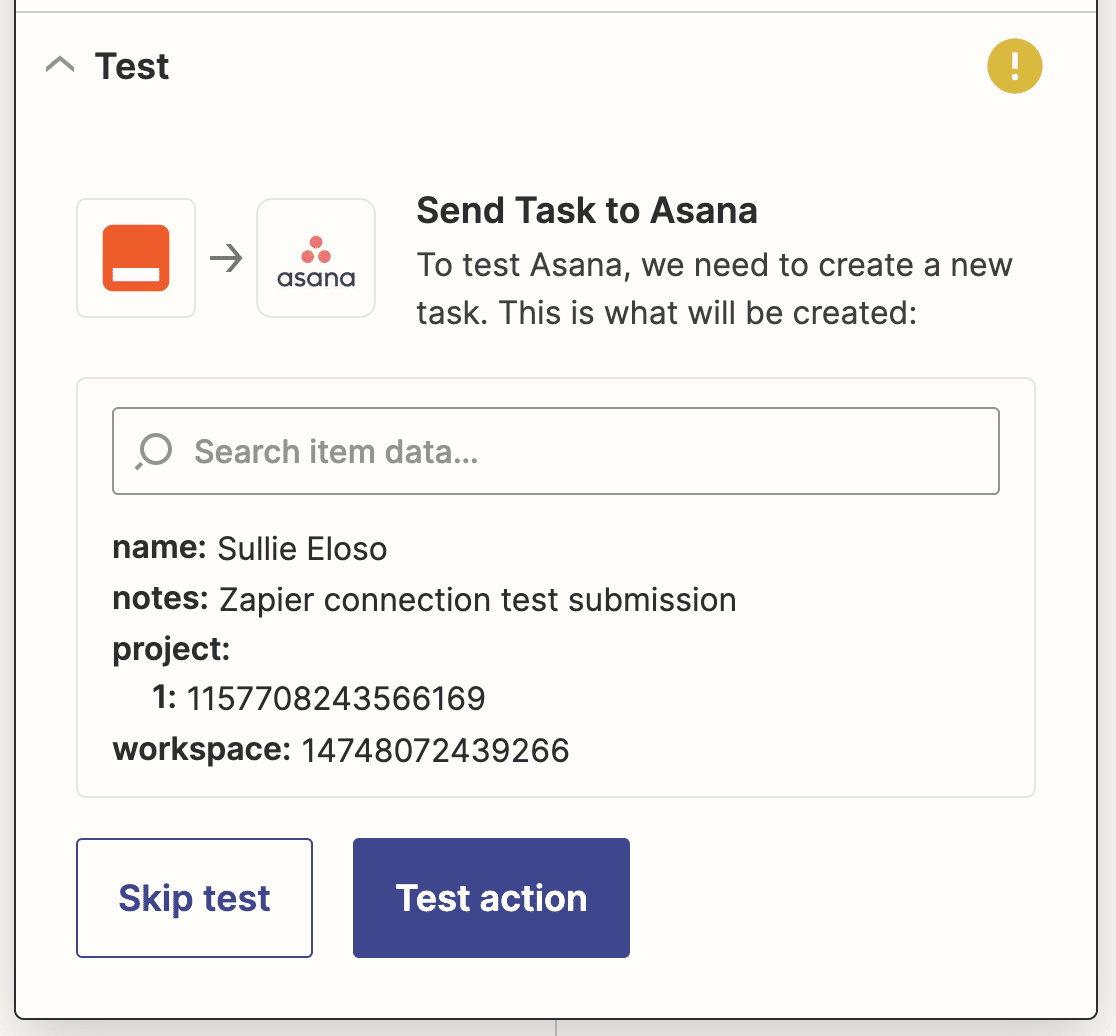 Testing your Zapier Asana action