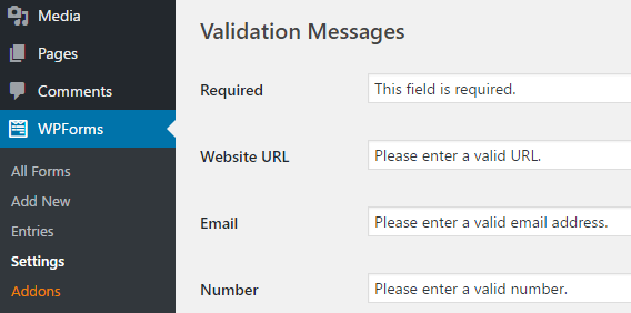 WPForms customizable validation messages