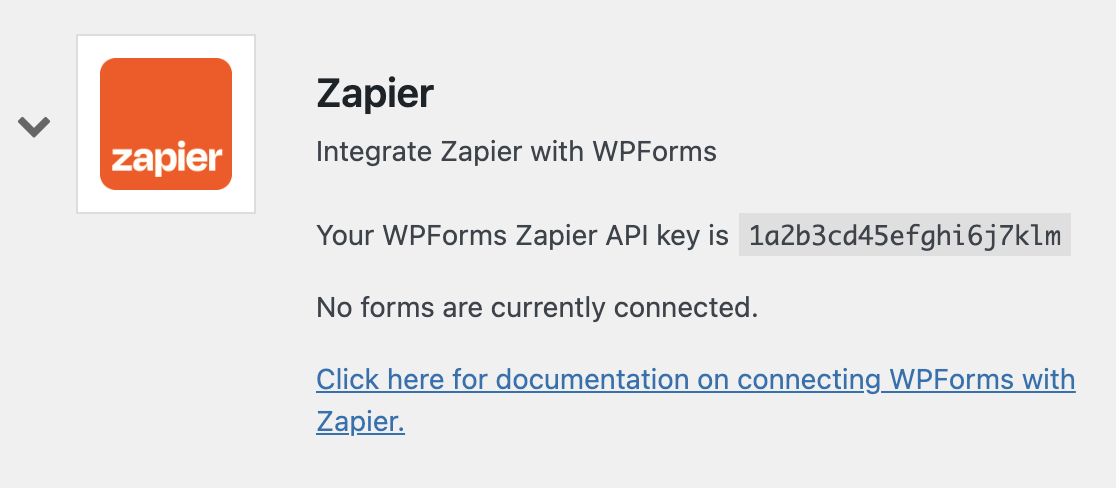 Copying the Zapier API key in the WPForms settings