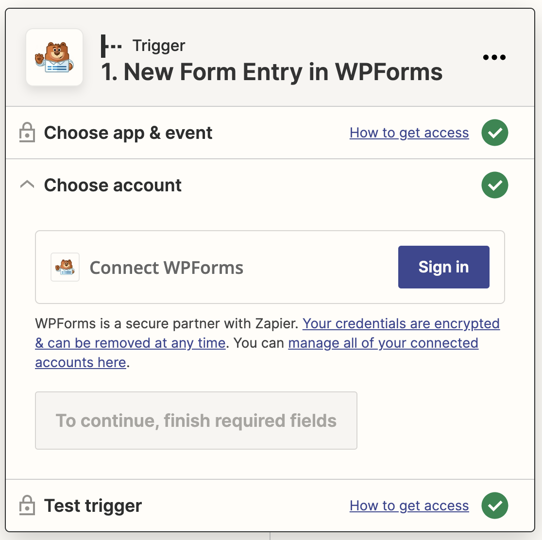 Choose your WPForms account to connect to Zapier