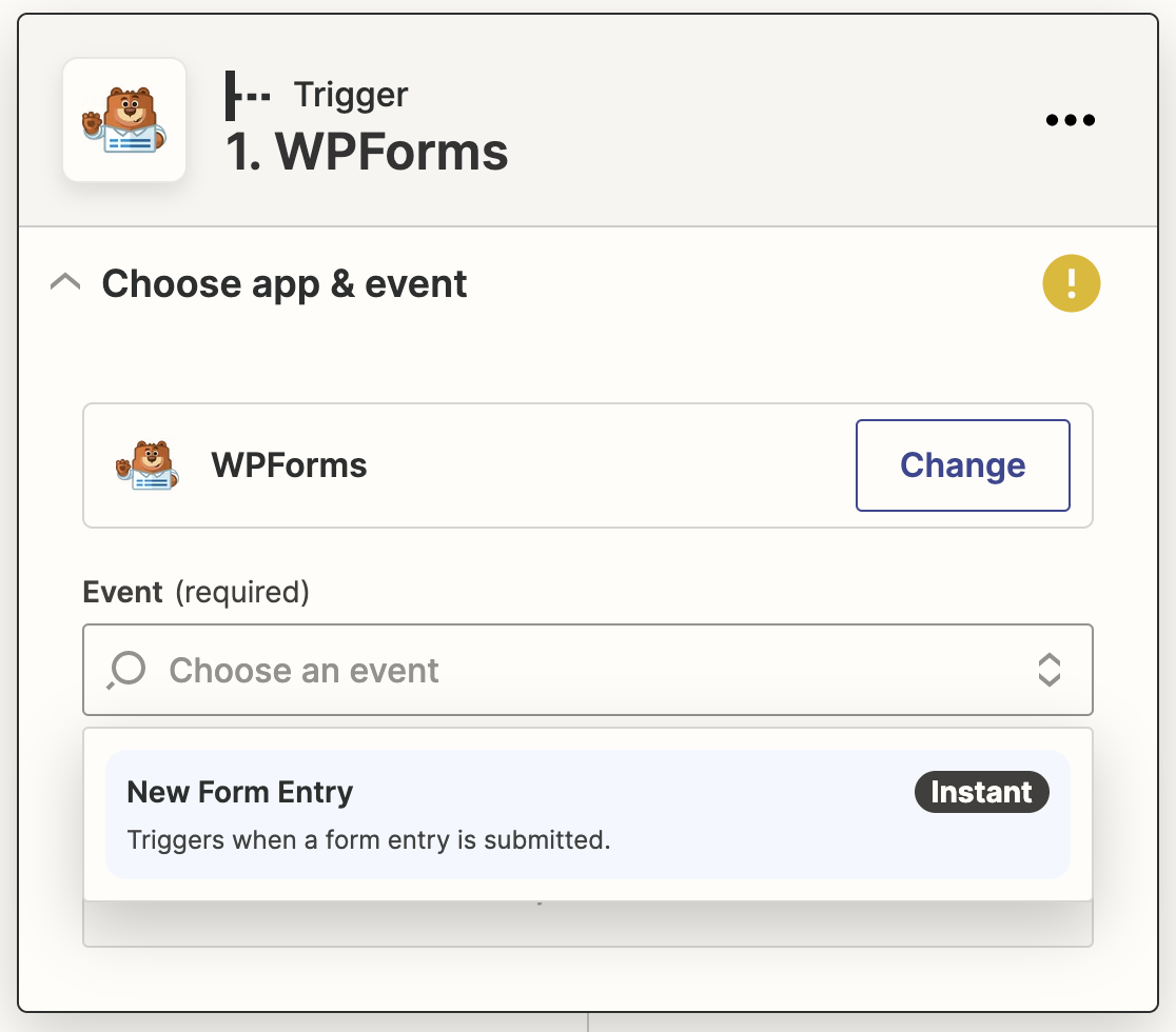 Choosing New Form Entry as the trigger event in Zapier