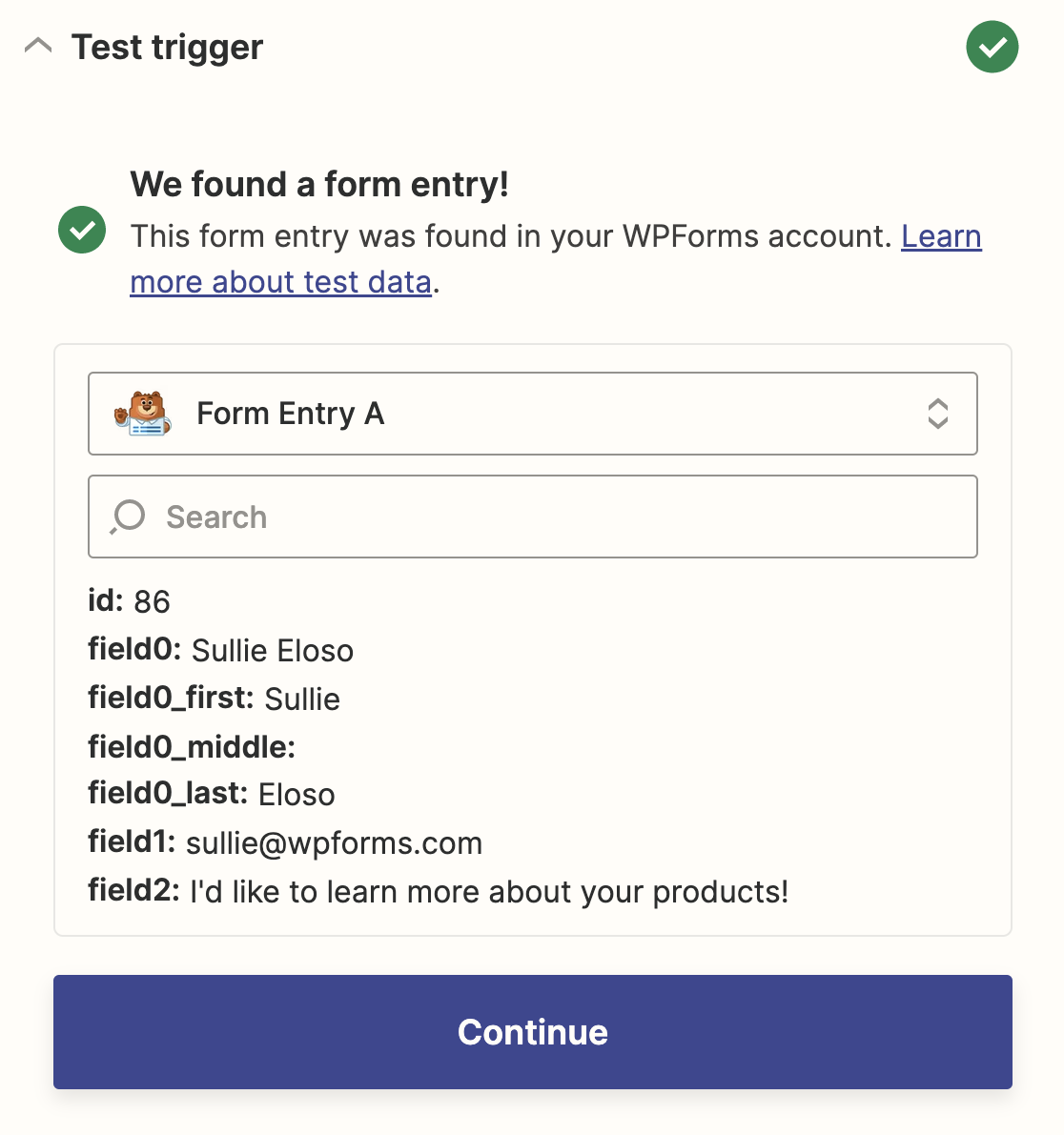A successful trigger test for Zapier with form entry data from WPForms