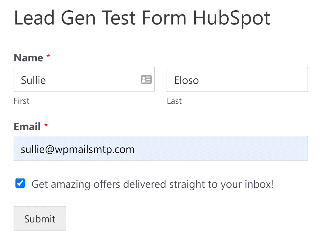 HubSpot test form filled out