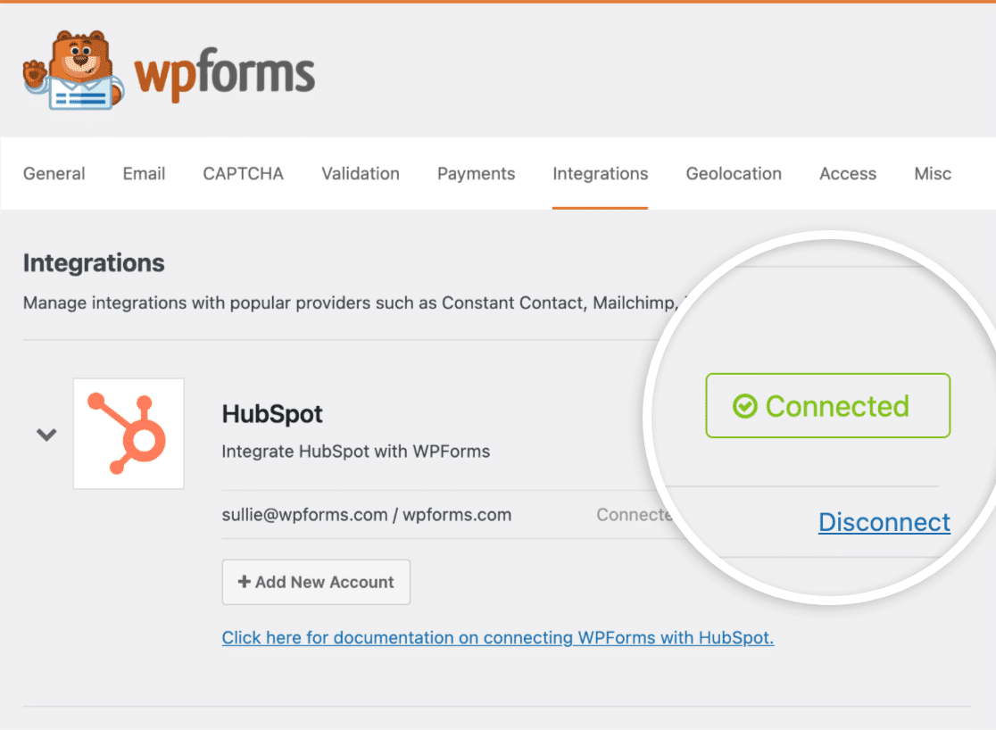 HubSpot connected with WPForms