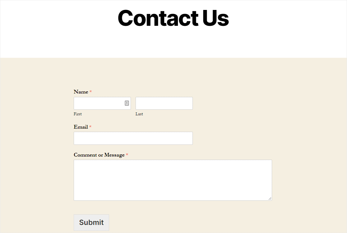 contact us page for contact form html code for wordpress