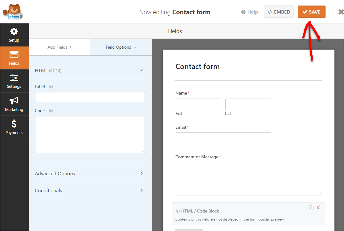 save form on wpforms with custom html field