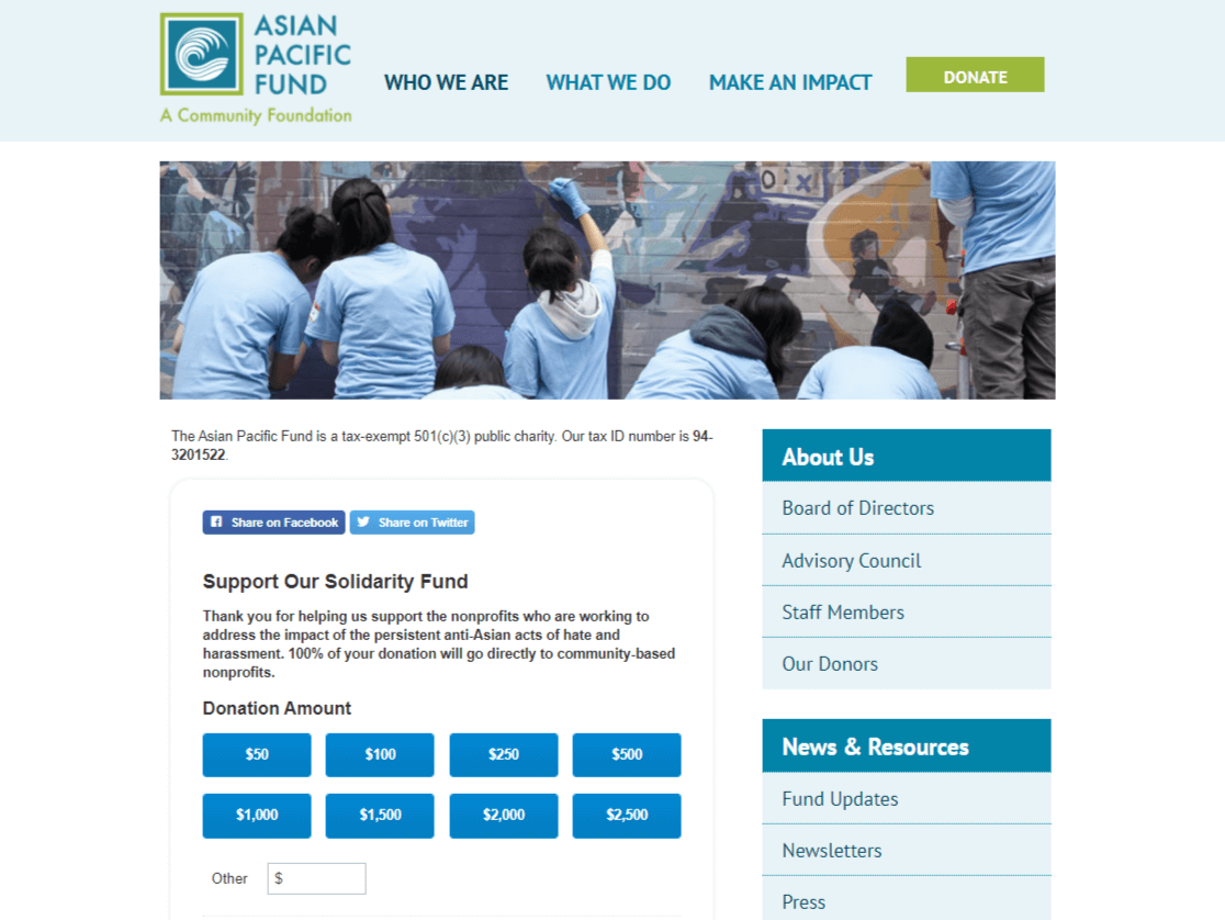asian pacific donation page in wordpress example