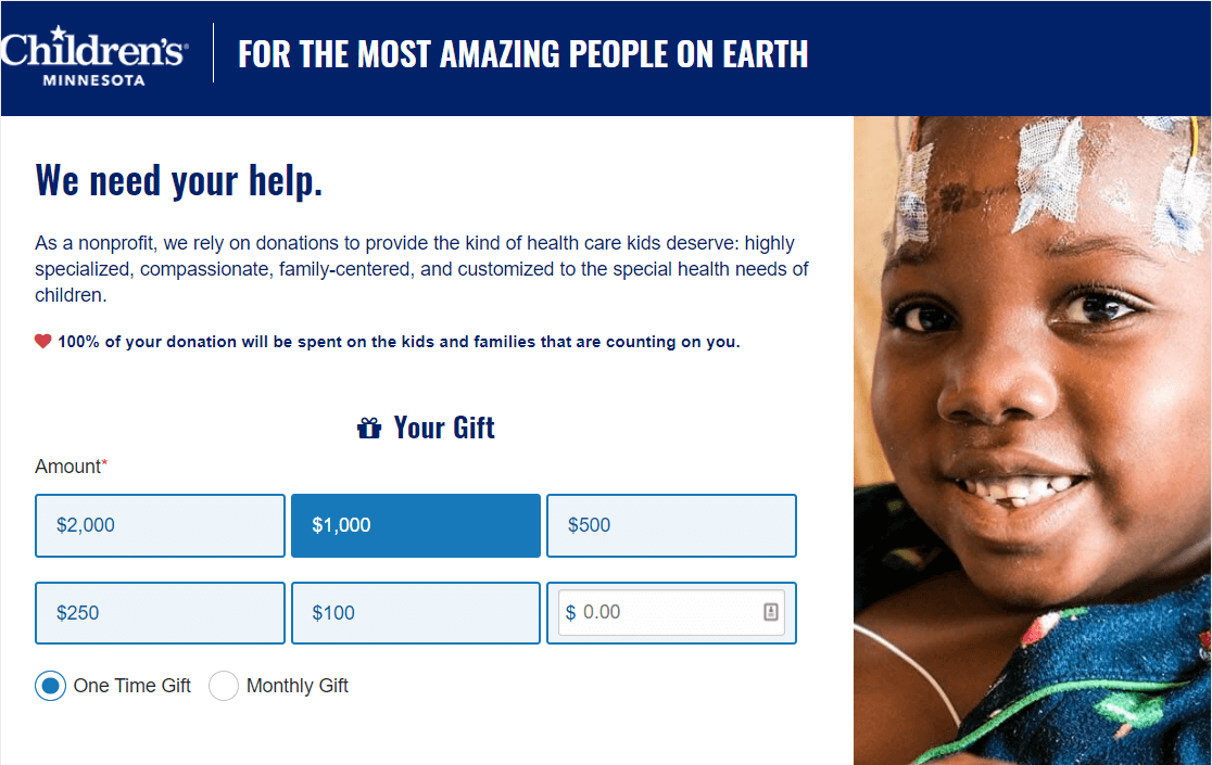 childrens minnesota donation page example