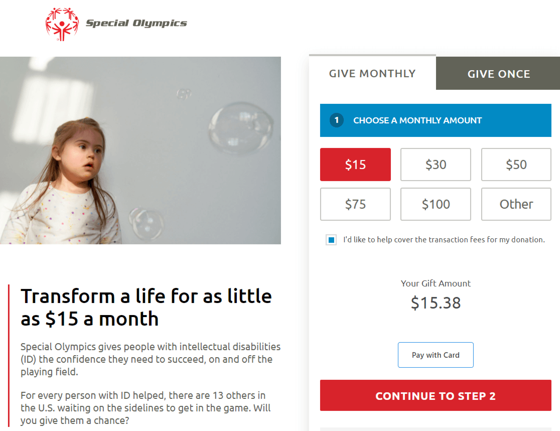 special olympics example donation page