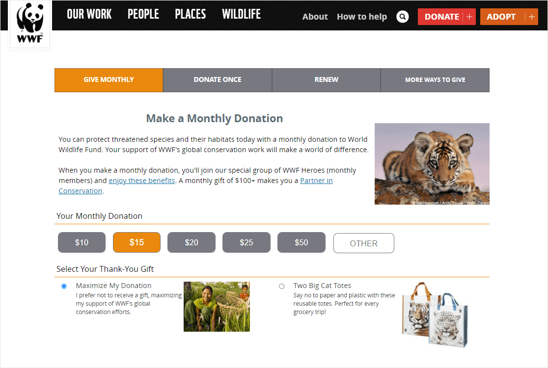 wwf donation page example