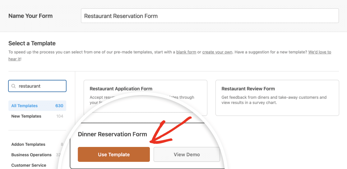 Selecting the Dinner Reservation Form template
