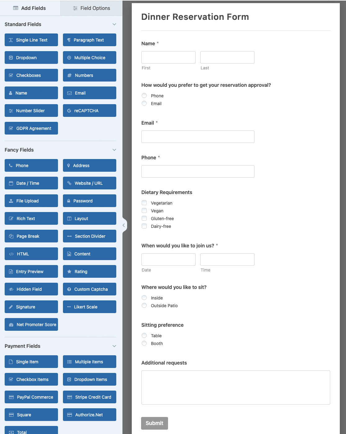 The Dinner Reservation Form template in the form builder