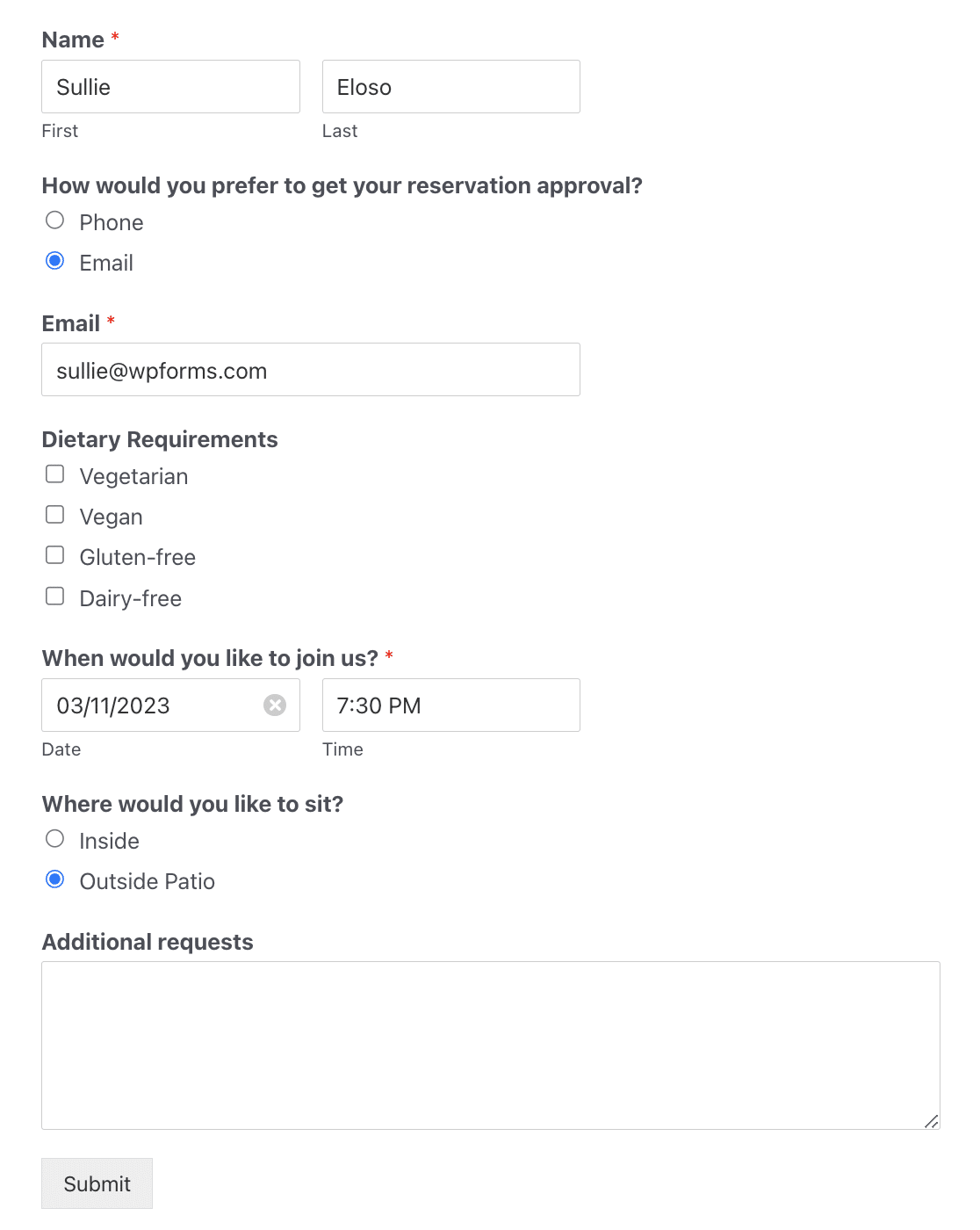 Creating a test entry for your restaurant reservation form