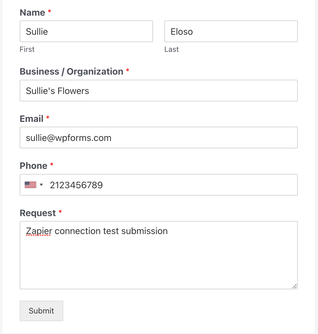 Creating a test entry to connect a Request a Quote form to Zapier