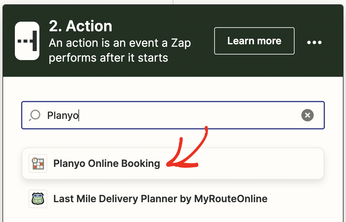Selecting Planyo as the action app in Zapier