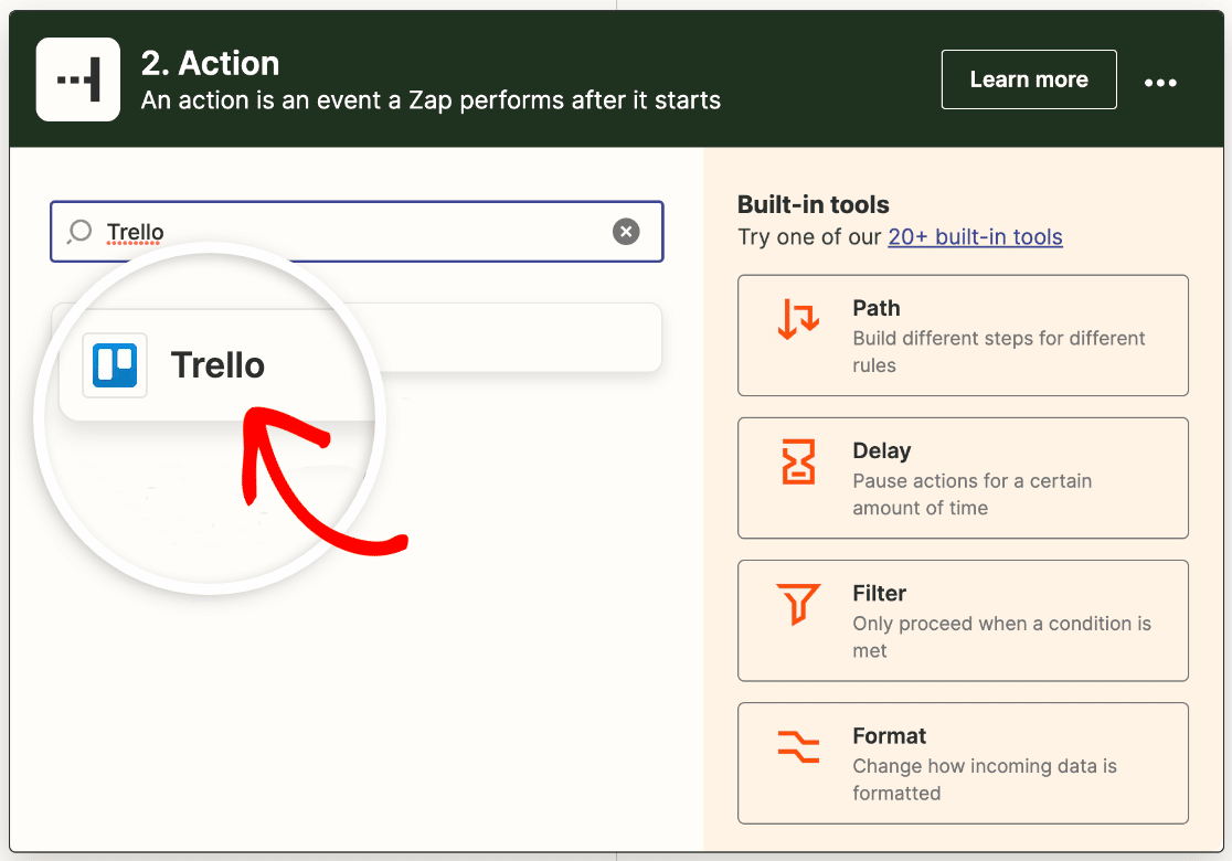 Choosing Trello as your action app in Zapier