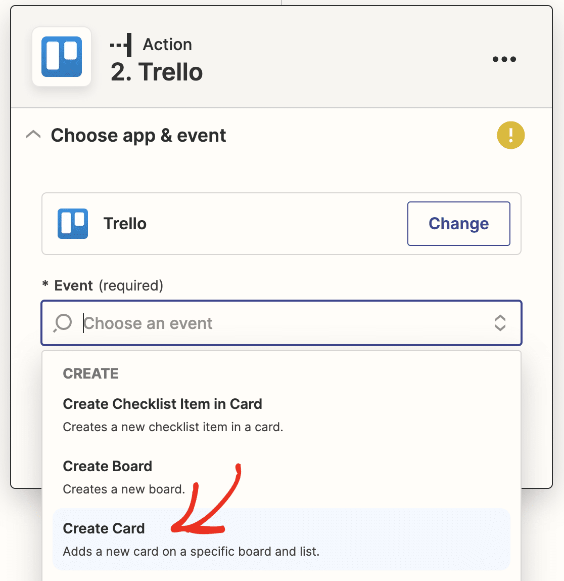 Selecting Create New Card as the action in Trello
