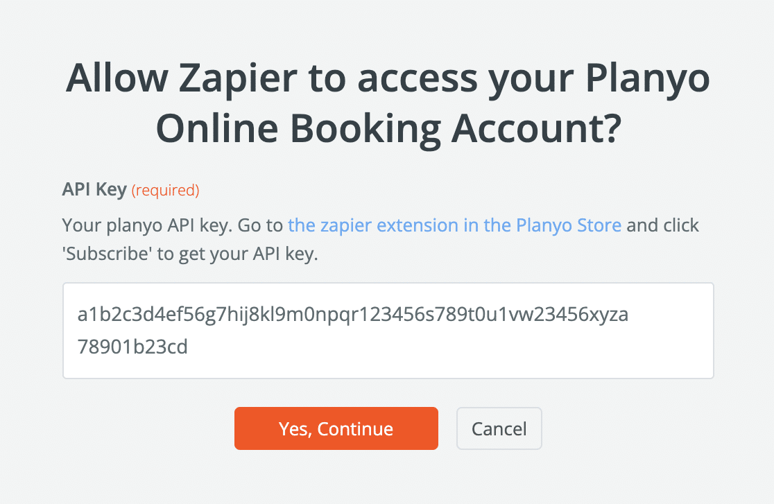 Entering your Planyo API key in Zapier