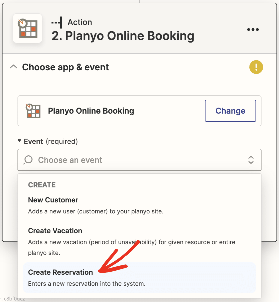 Selecting Create New Reservation as the action app for Planyo in Zapier