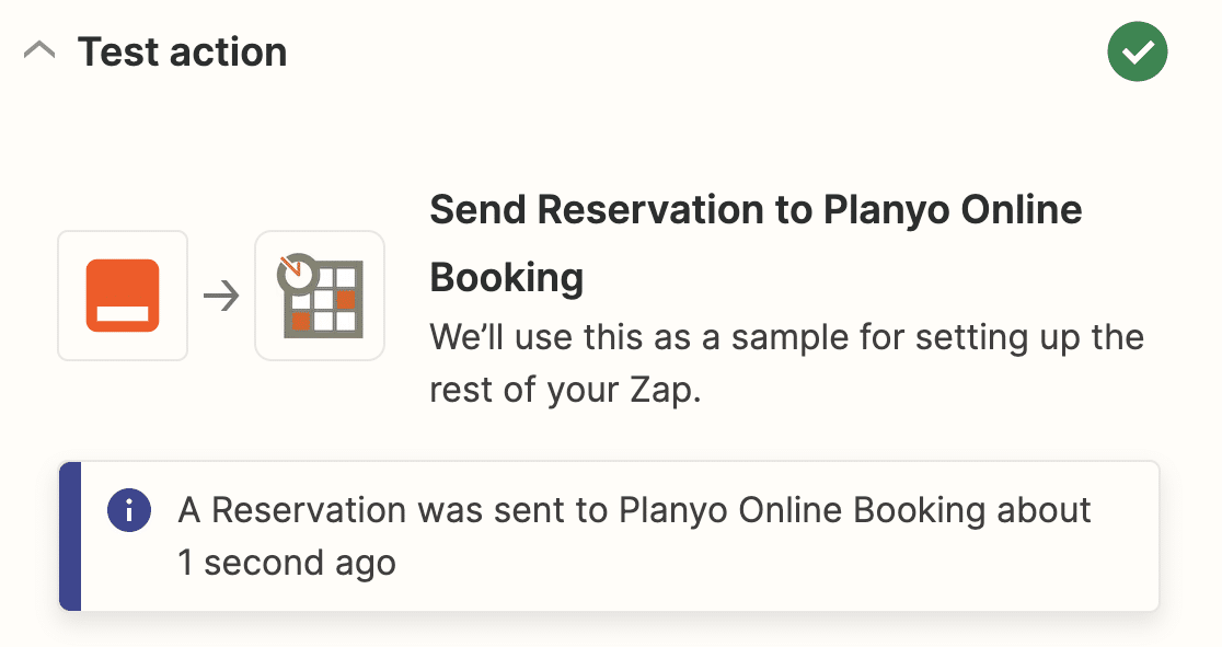 A success message for a Planyo test in Zapier