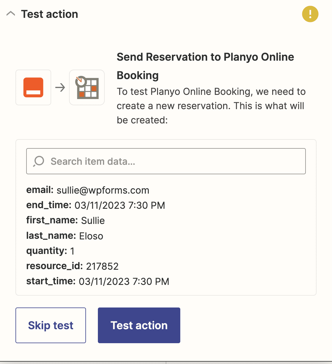 Testing your Planyo connection in Zapier