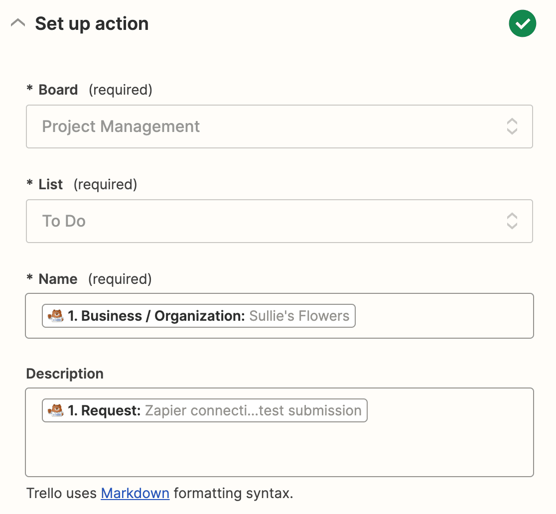 Connecting fields from your form to your Trello card template in Zapier