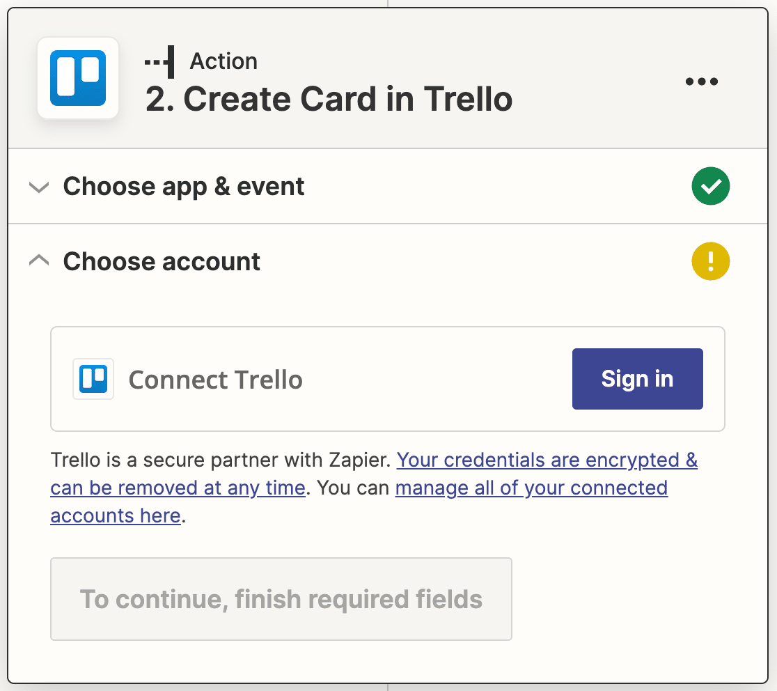 Signing in to Trello via Zapier