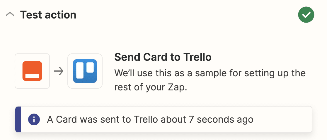 A success message in Zapier for a WPForms Trello Zap
