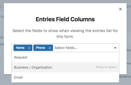 Entries field columns modal