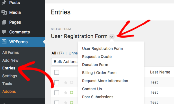 Open the Entries page for a form