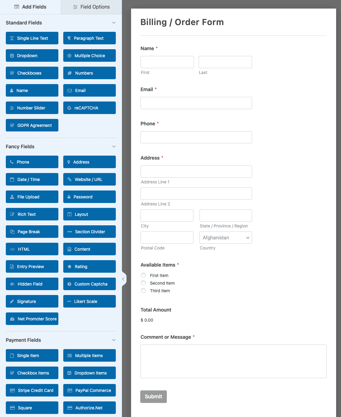 Customizing the Billing / Order Form template