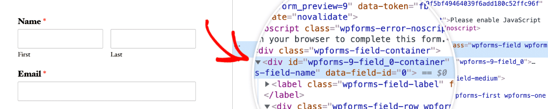 Viewing a field ID in the browser inspector