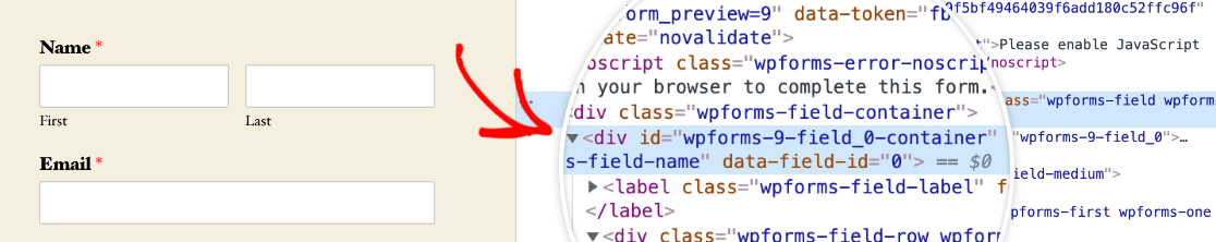 Viewing a field ID in the browser inspector