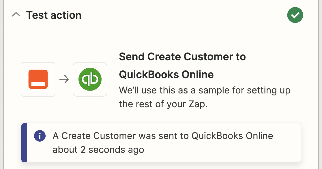 A success message for a Quickbooks zap test