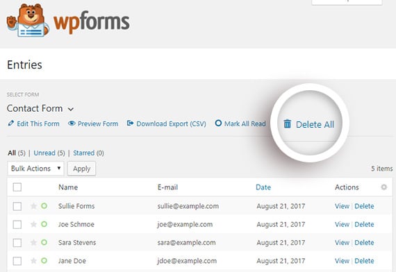 wpforms delete all entries