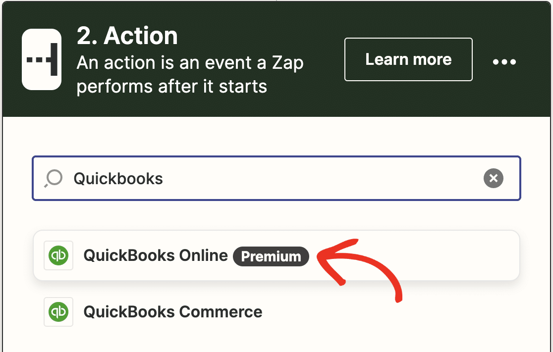 Selecting Quickbooks Online as the action app in Zapier