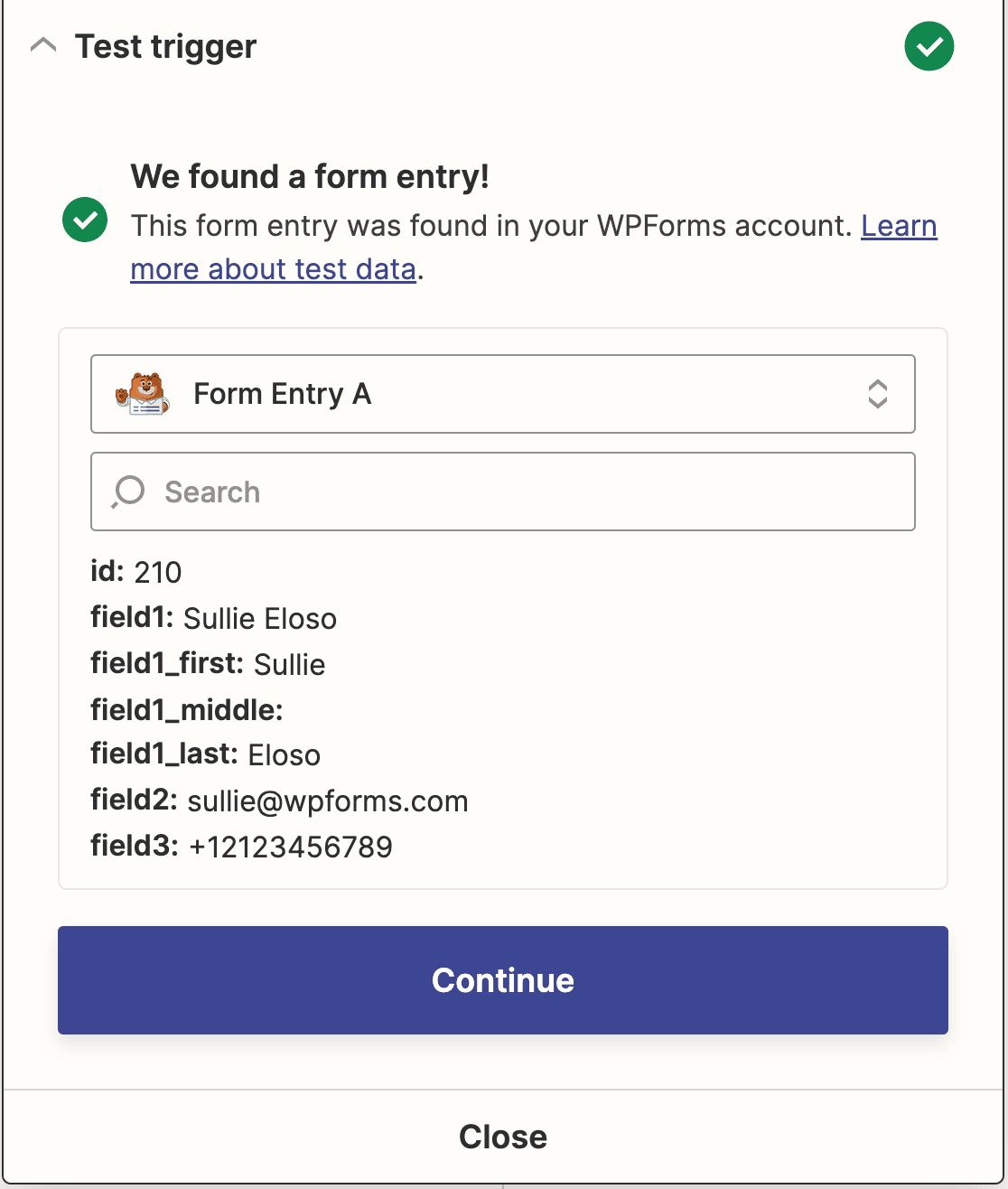 Success message for an order form trigger test in Zapier