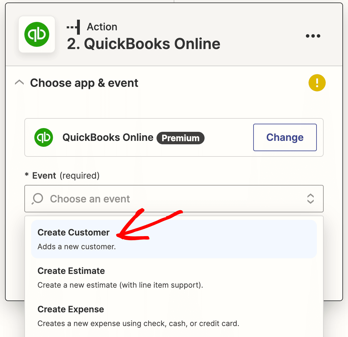 Selecting Create Customer as the action for a Quickbooks Zap