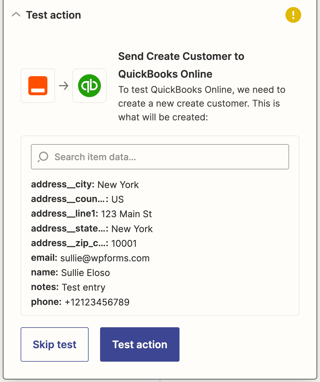 Testing your Quickbooks action in Zapier