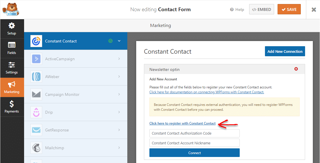 register constant contact with wpforms wordpress