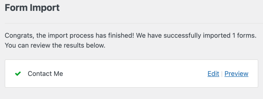 Erfolgsmeldung beim Import von Contact Form 7