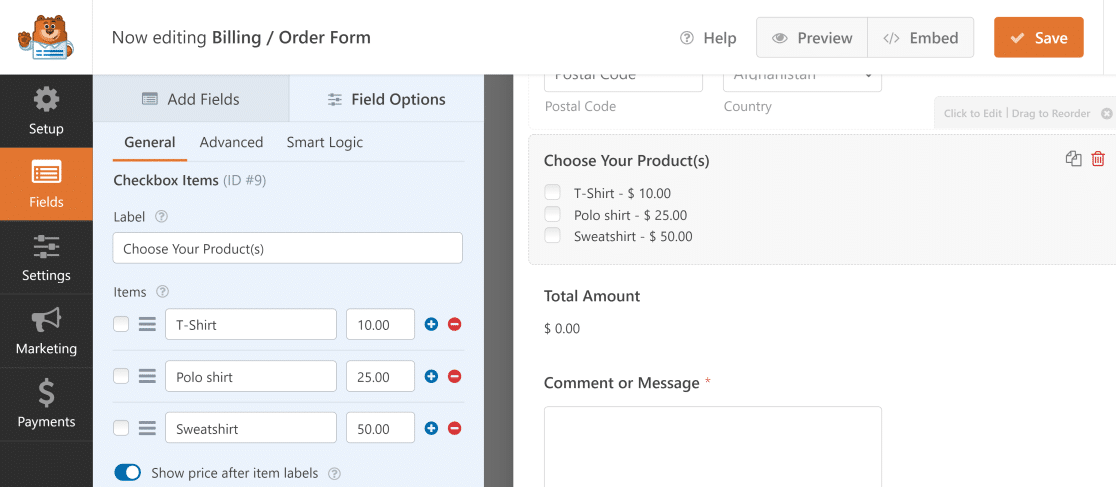 Choose products field