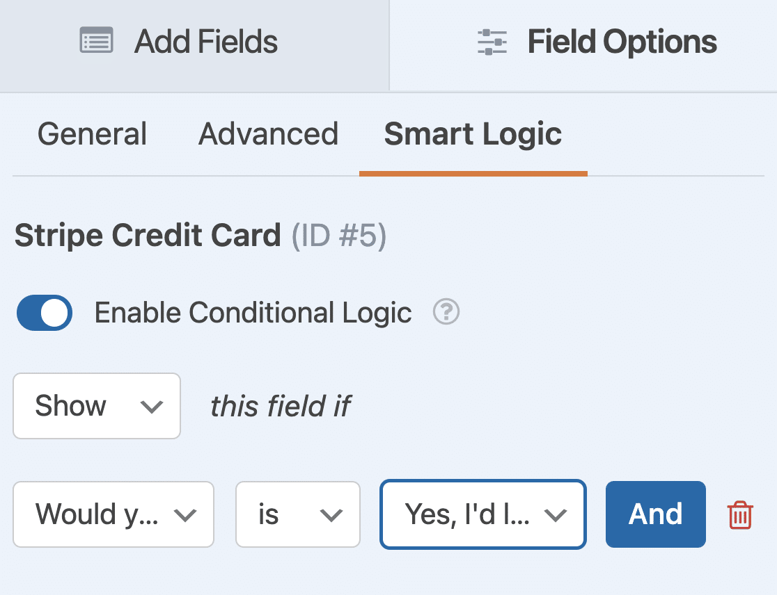 Setting up conditional logic for a Stripe Credit Card field