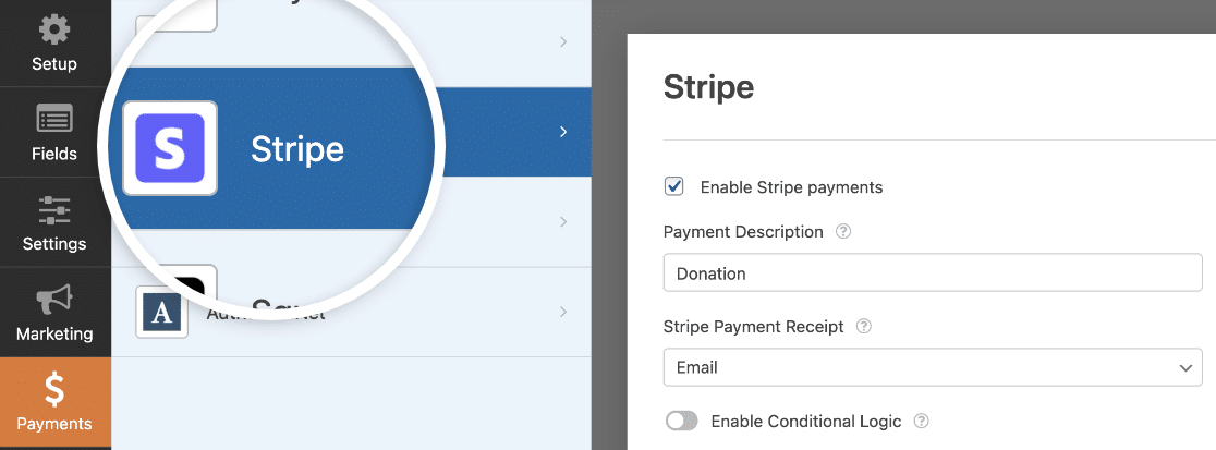 Accessing the Payments settings in the form builder