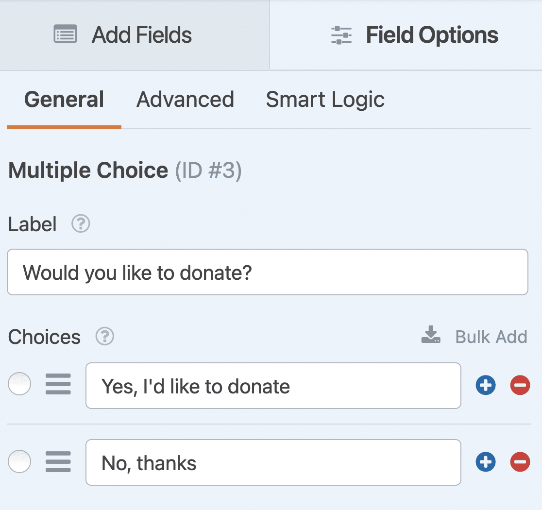 Changing the labels for a Multiple Choice field so users can decide whether to give a donation