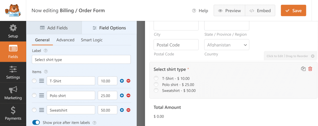 multiple item field order form