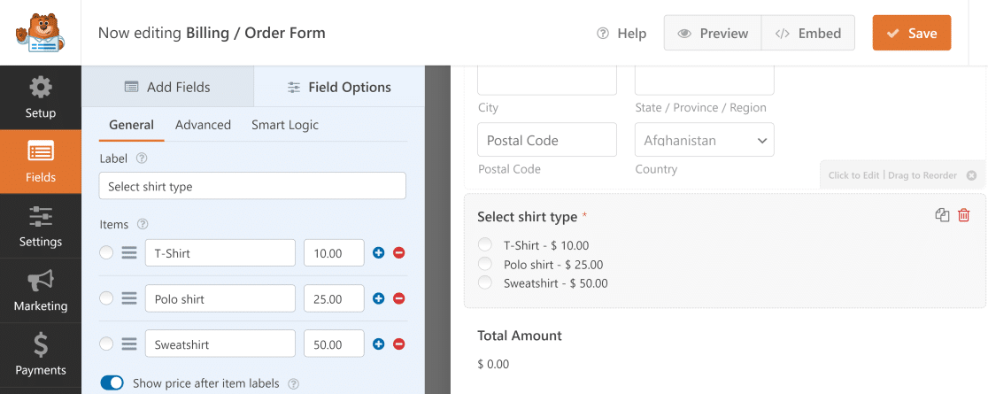 order form with multiple items