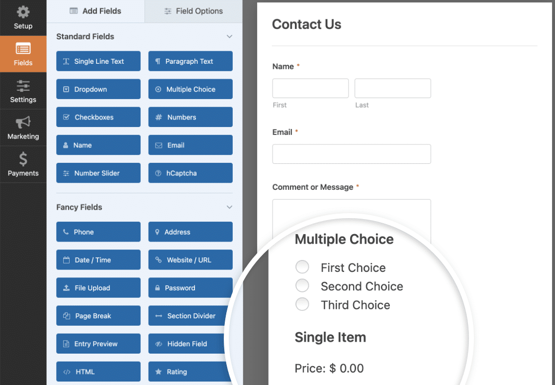 Adding Multiple Choice and Single Item fields to a contact form for optional payments