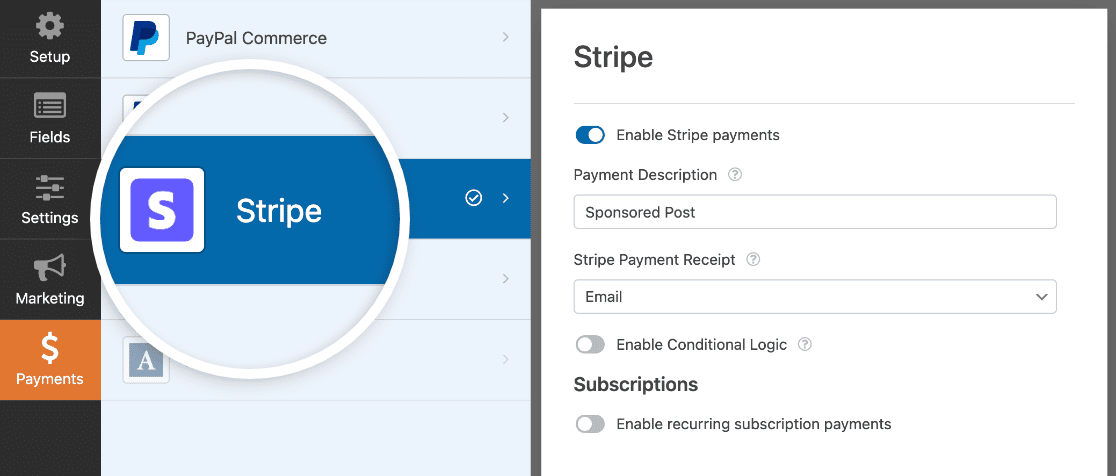 Enabling Stripe payments for sponsored posts in WPForms