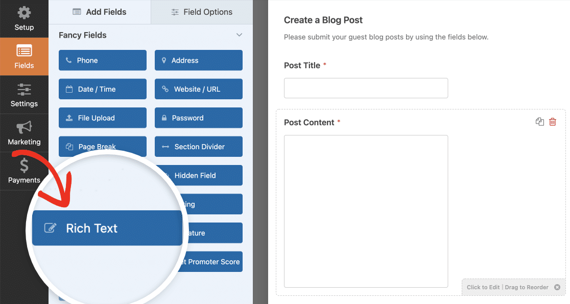 Adding a Rich Text field to a Post Submissions form